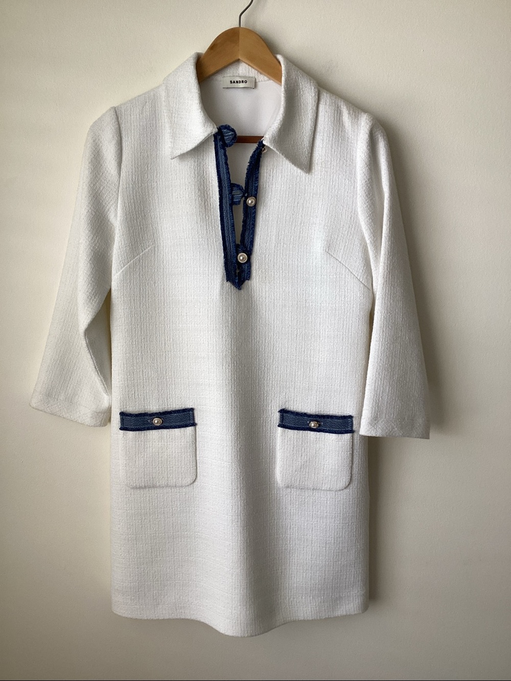Sandro White Mini Dress with Blue Trim - Picture 8 of 11